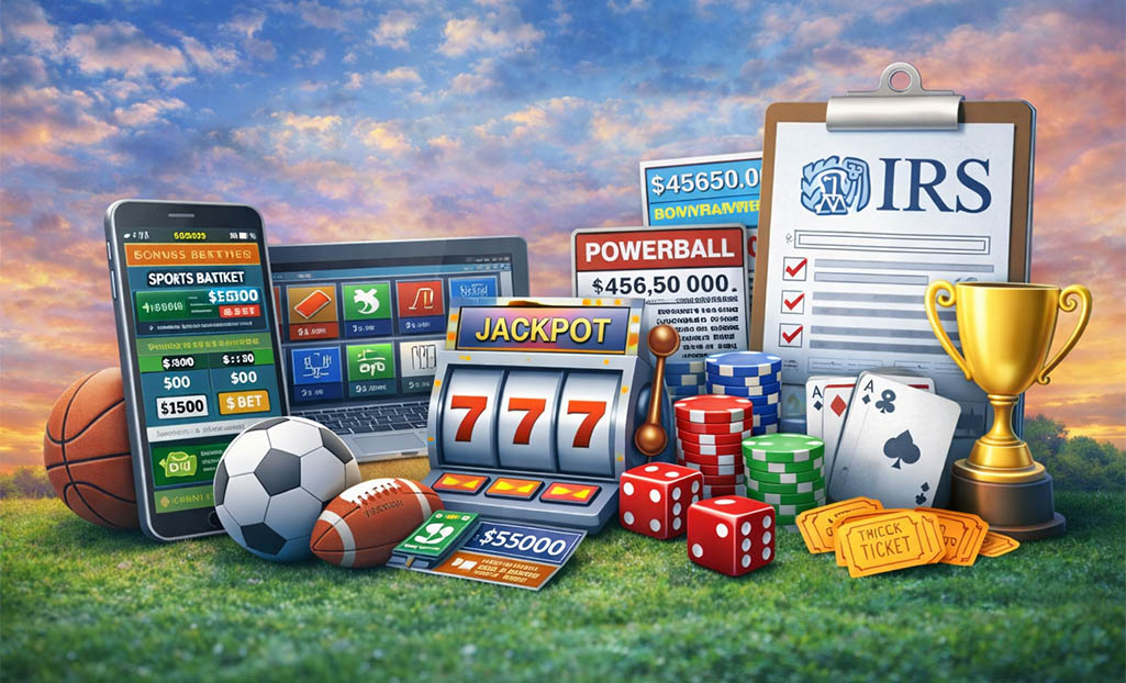 Gambling winnings taxable income illustration with IRS form, sports betting, casino games, and lottery elements