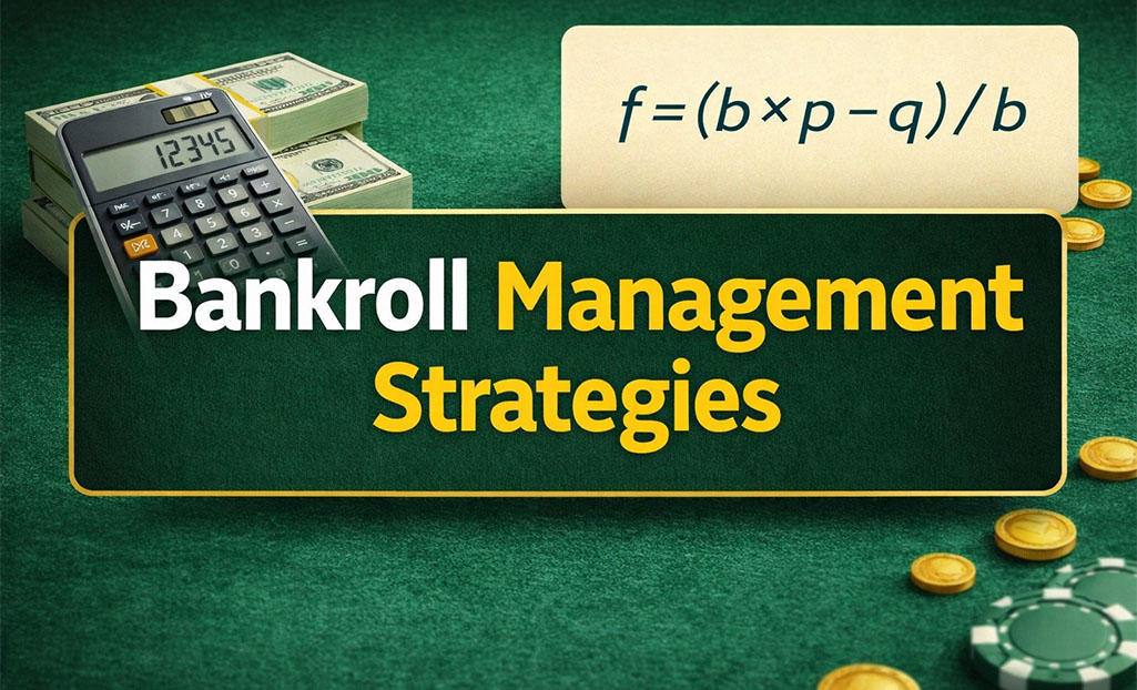 Bankroll management strategies for betting, showing casino chips, cash, and a mathematical formula on a green table.