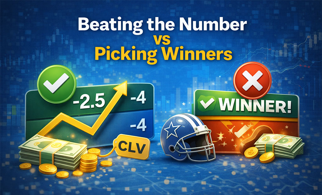 Beating the number example in sports betting showing closing line value (-2.5 vs -4)