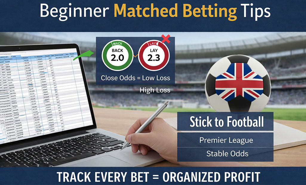 Beginner matched betting tips showing back and lay odds comparison and tracking bets for organized profit