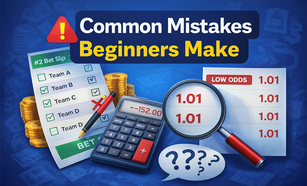 Illustration showing common beginner betting mistakes, including low odds, miscalculations, and risky bet selections.
