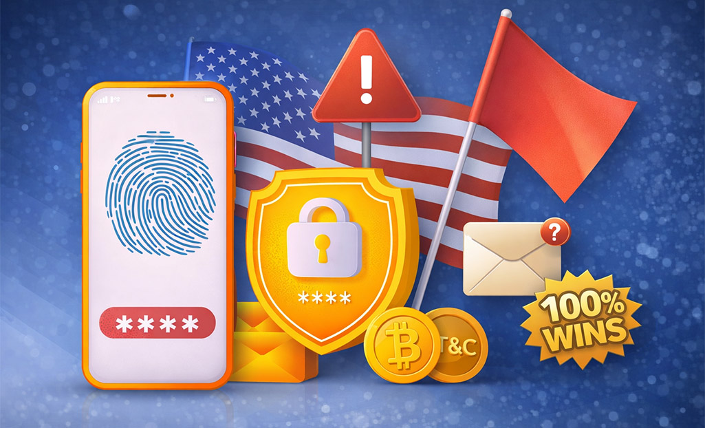 Online gambling security illustration with fingerprint login and SSL protection.