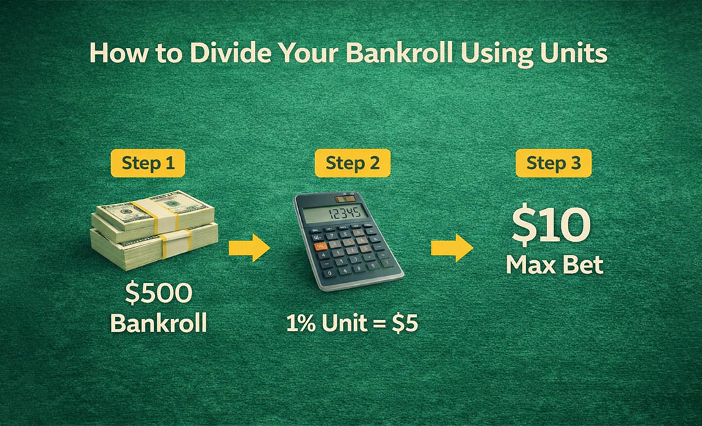 Diagram explaining how to divide a betting bankroll using units, showing a $500 bankroll, 1% unit size of $5, and a $10 maximum bet.