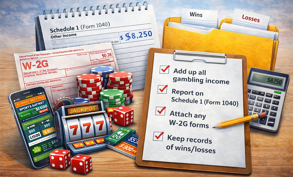 How to report gambling winnings on Schedule 1 Form 1040 with W-2G form and tax records