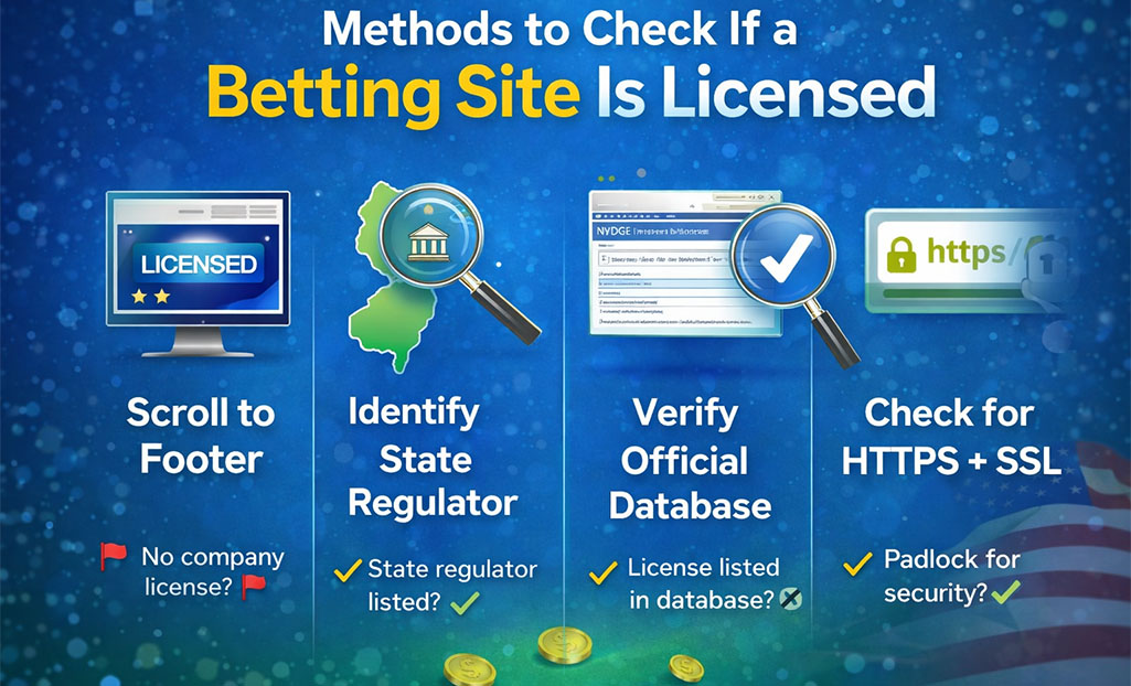 Infographic showing methods to check if a betting site is licensed, including verifying the state regulator, checking official databases, and confirming HTTPS security.