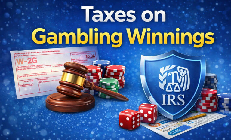 Taxes on gambling winnings illustration with W-2G form, IRS shield, poker chips, and reporting documents