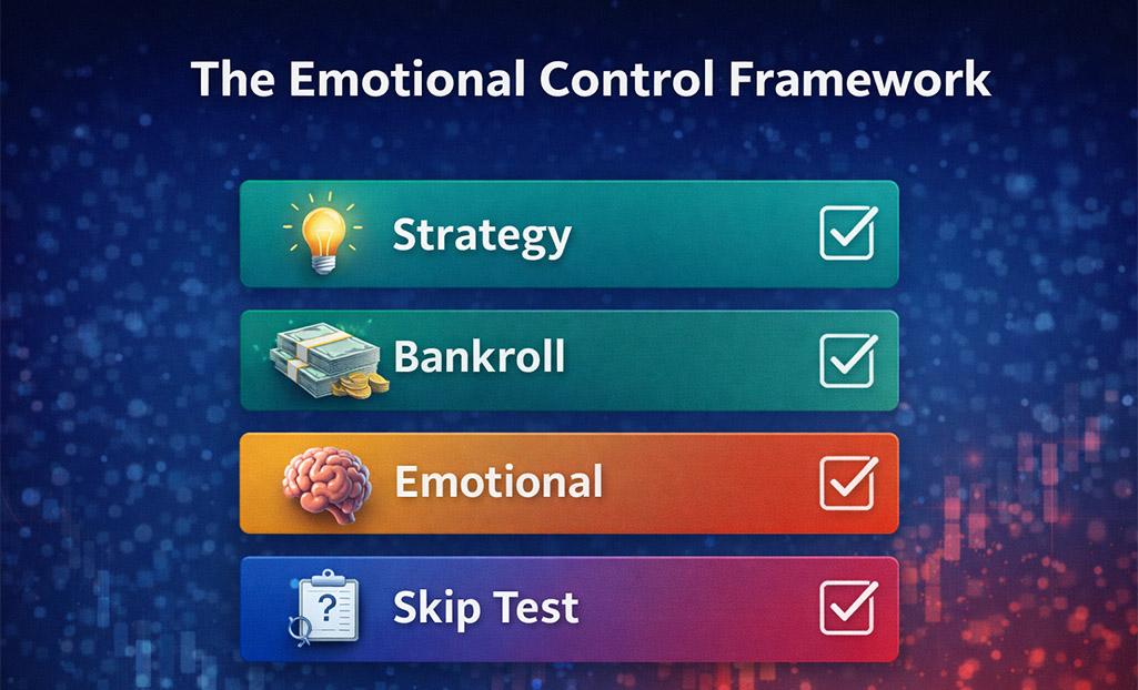 Emotional control checklist for sports betting including strategy, bankroll management, emotional check, and skip test.