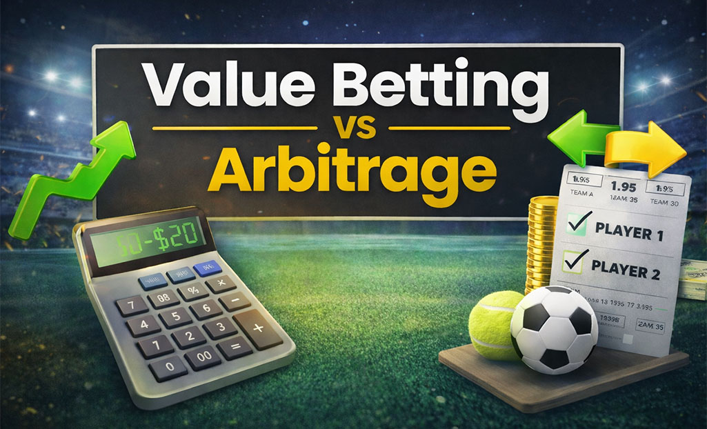 Comparison graphic illustrating value betting vs arbitrage strategies with sportsbook odds and profit examples.