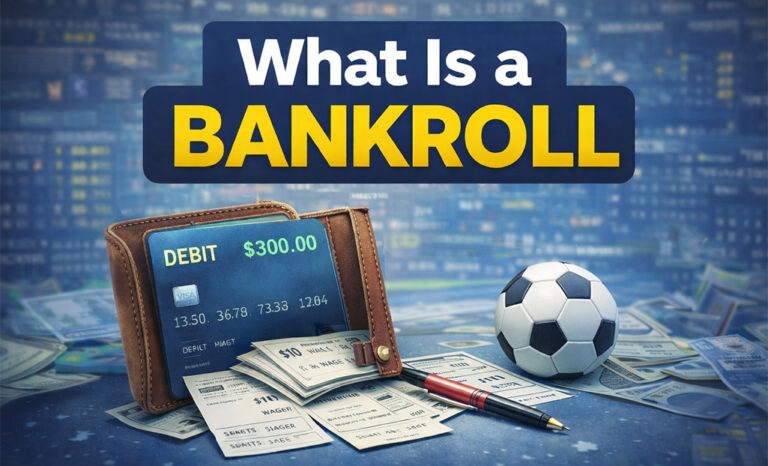 Illustration explaining bankroll in sports betting with example of a $300 bankroll and unit-based wager strategy