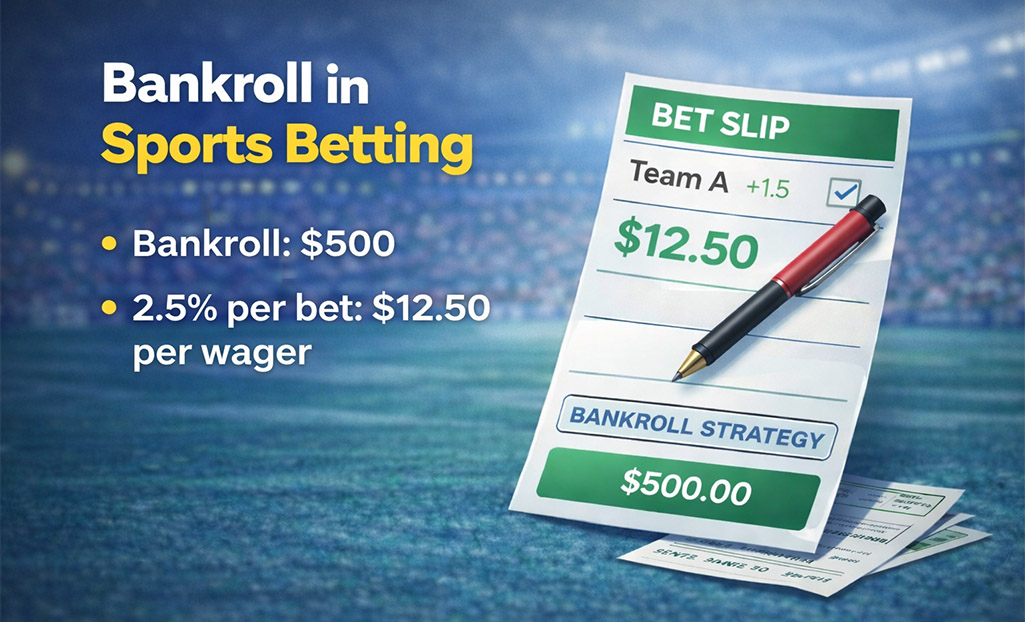 Example of bankroll in sports betting strategy showing a $500 bankroll with 2.5% per bet ($12.50 wager) on a betting slip.