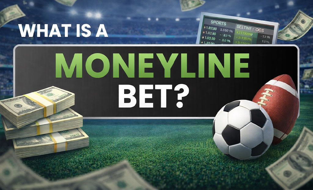 Illustration explaining what a moneyline bet is in sports betting, with money and sports elements