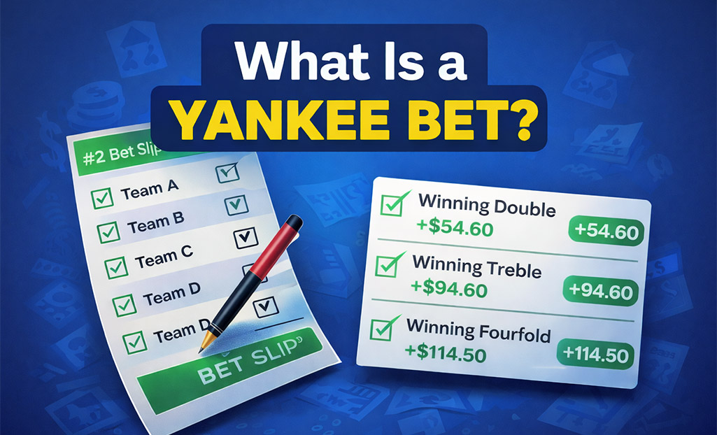 Diagram showing how a Yankee bet works with 4 selections creating 6 doubles, 4 trebles, and 1 fourfold
