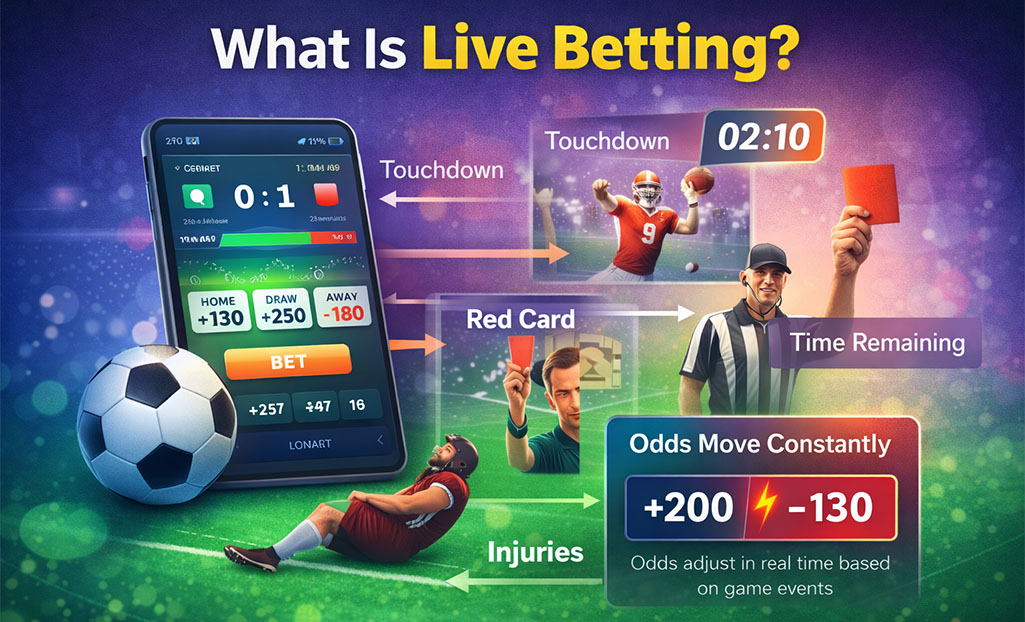 Infographic explaining live betting with real-time odds changes, game events, and time remaining affecting in-play wagers