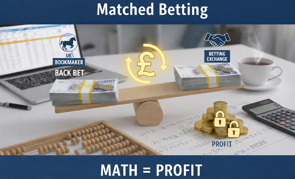 Matched betting strategy illustration showing back and lay bets between a bookmaker and betting exchange for guaranteed profit