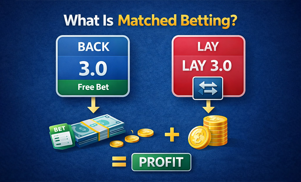 Diagram explaining matched betting, showing a back bet at odds 3.0 and a lay bet at odds 3.0 resulting in guaranteed profit.