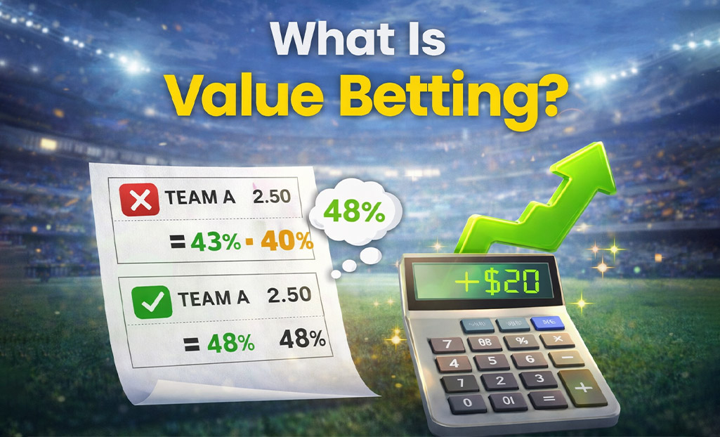 Example of value betting calculation showing implied probability difference and positive expected value profit.