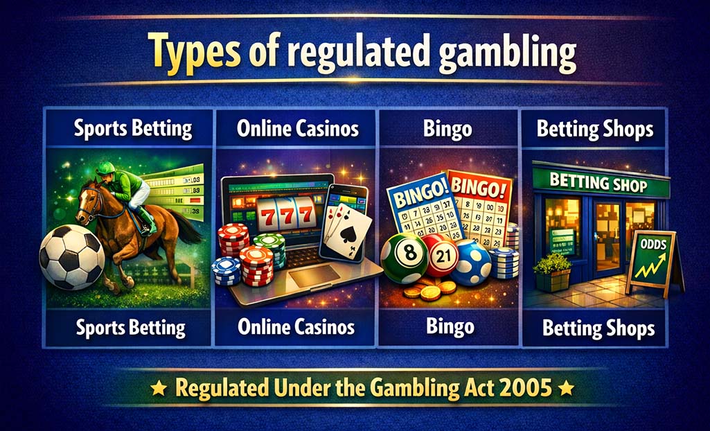 Types of gambling regulated under the Gambling Act 2005, including sports betting, online casinos, bingo, and betting shops in the UK