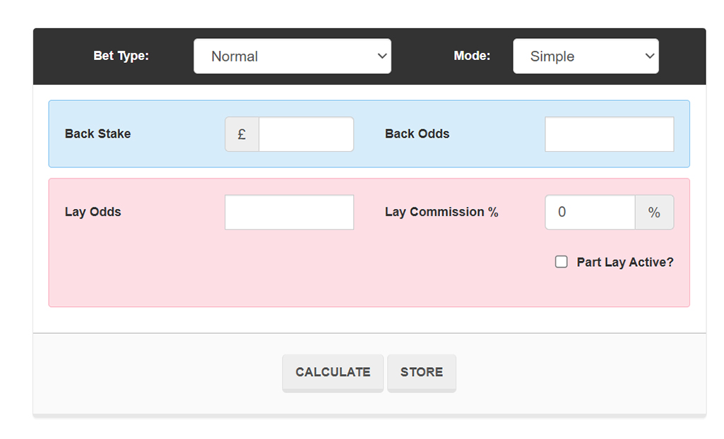 Online matched betting calculator tool for calculating lay stake, bookmaker odds, and betting exchange commission