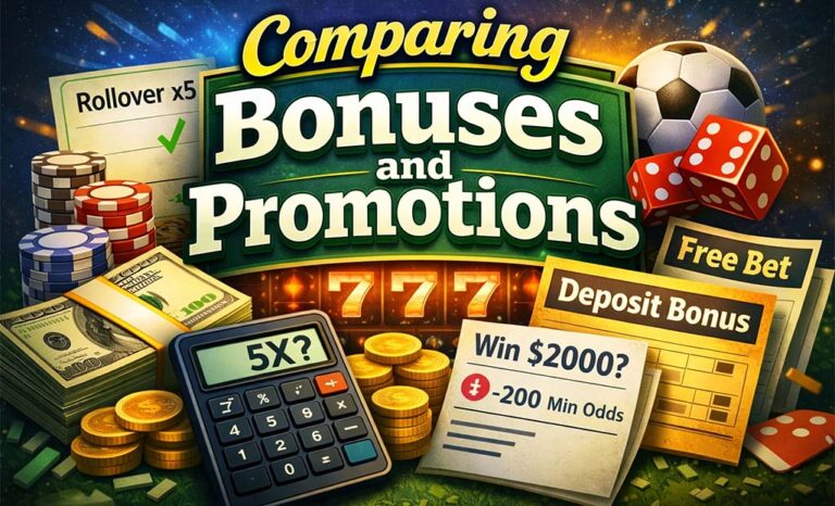 Comparison of casino bonuses and promotions with money, chips, and online offers
