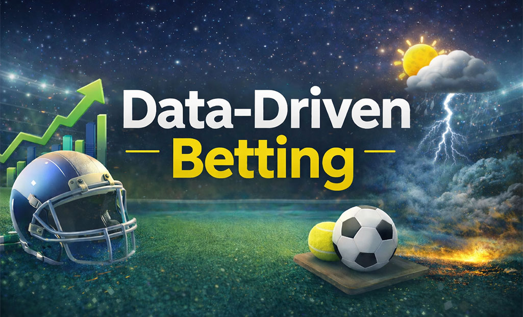Data-Driven Betting concept with sports equipment, growth chart and weather elements