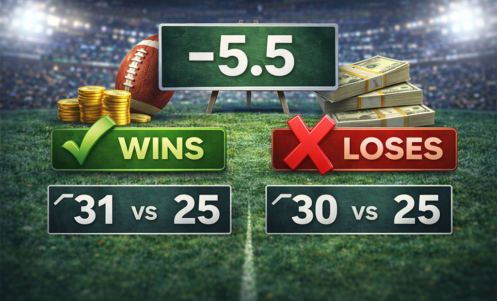 Point spread -5.5 example showing how half point affects winning or losing a bet