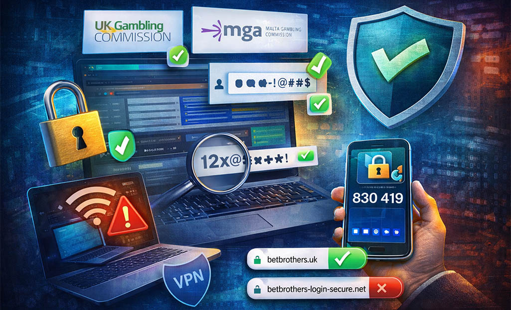 Online security tips to avoid gambling scams, showing password protection, 2FA, and safe betting site verification