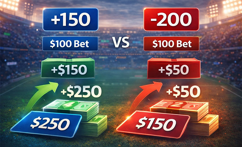 Example of converting betting odds into payouts using +150 and -200 odds with a $100 stake