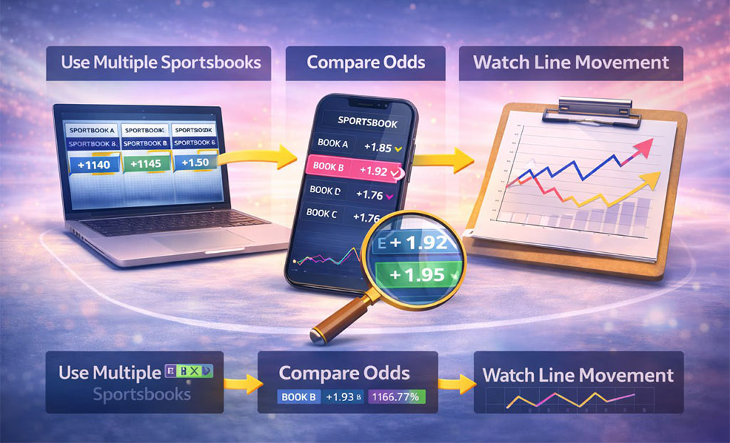 Process of line shopping in sports betting using multiple sportsbooks, comparing odds, and tracking line movement