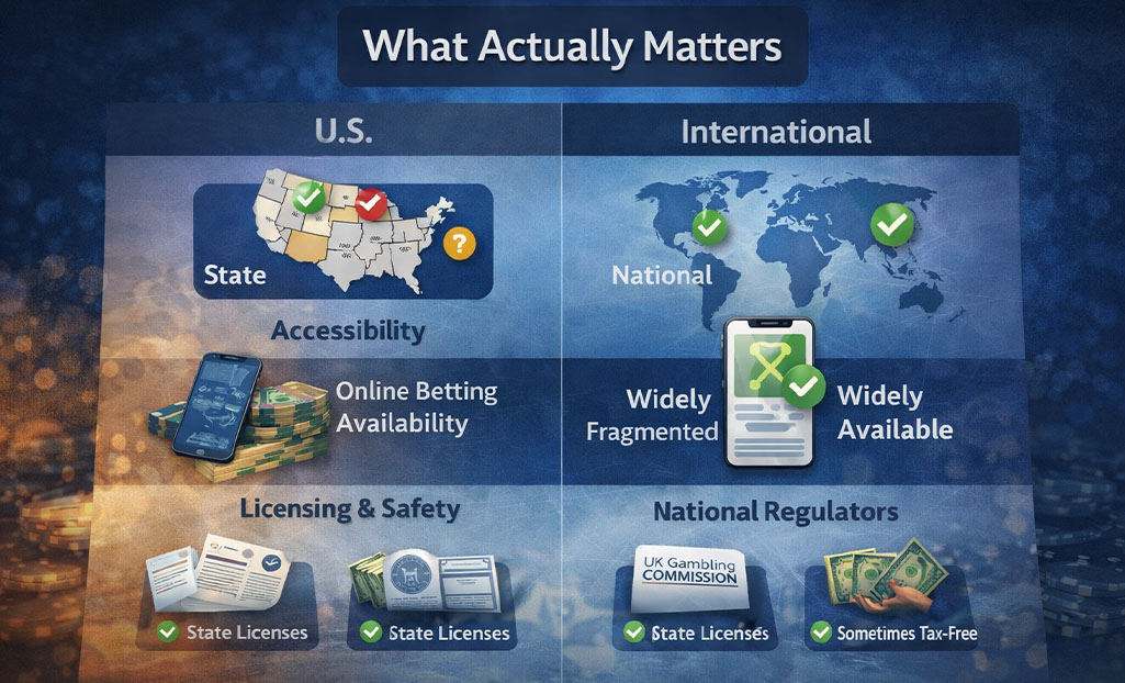 Comparison of U.S. vs international online betting regulations, availability, and licensing requirements