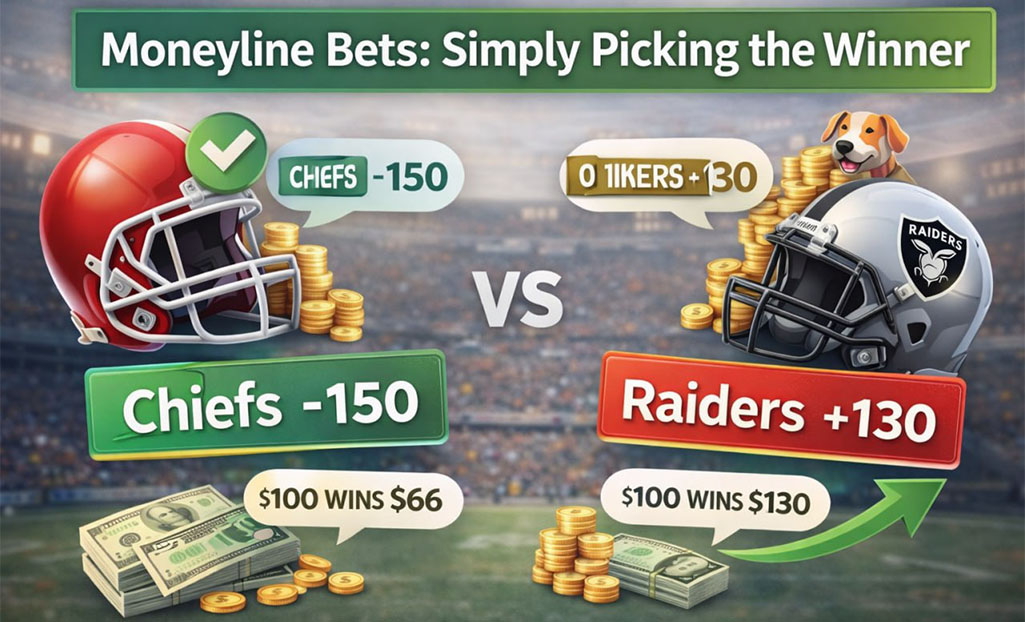 Moneyline betting example showing Chiefs -150 vs Raiders +130 odds in sports betting