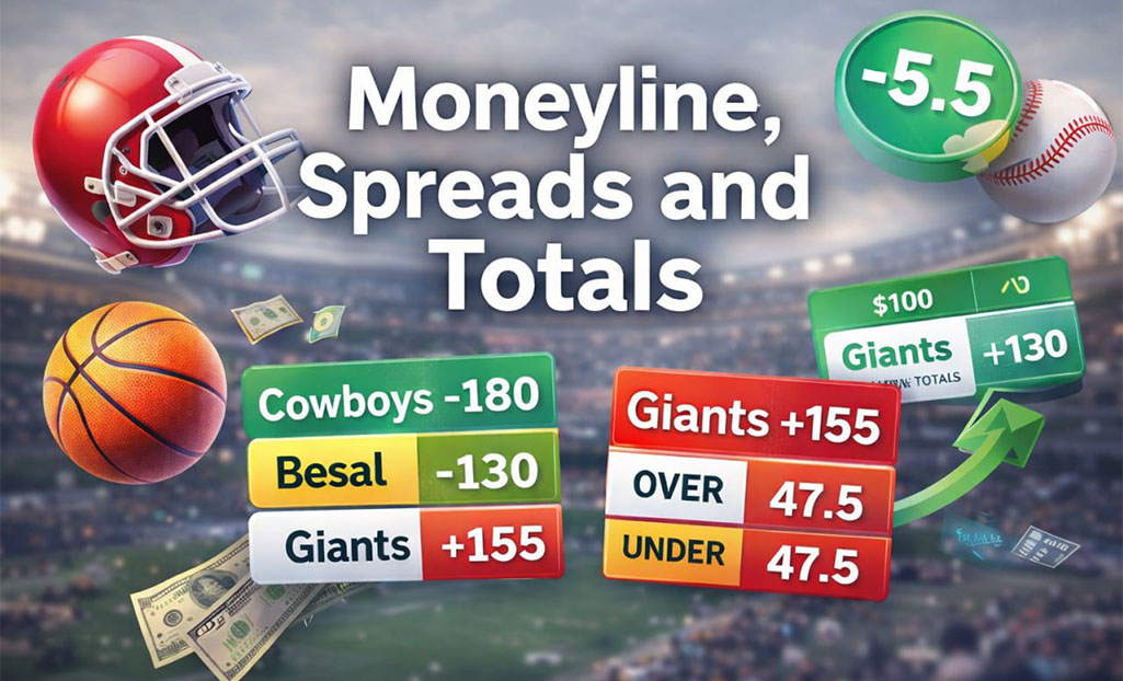 Moneyline, spread and totals betting example explaining the three main sports betting markets