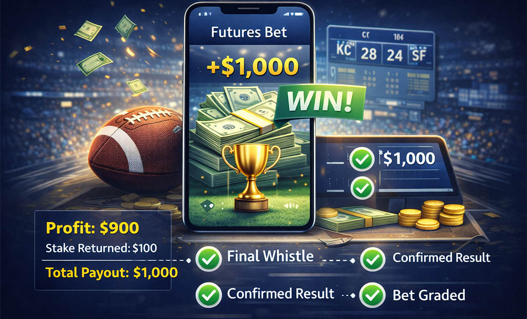 Illustration of a futures bet payout breakdown showing profit, stake return, and total payout after official result confirmation.