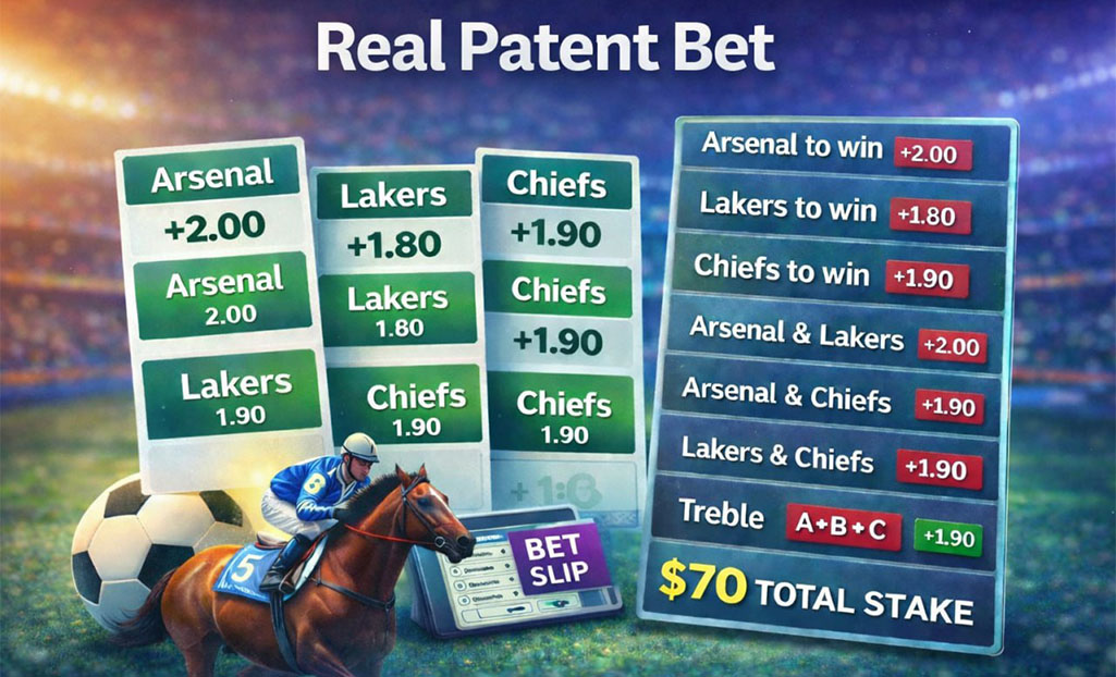 Patent bet example showing the 7-bet system with three selections, including singles, doubles, and a treble