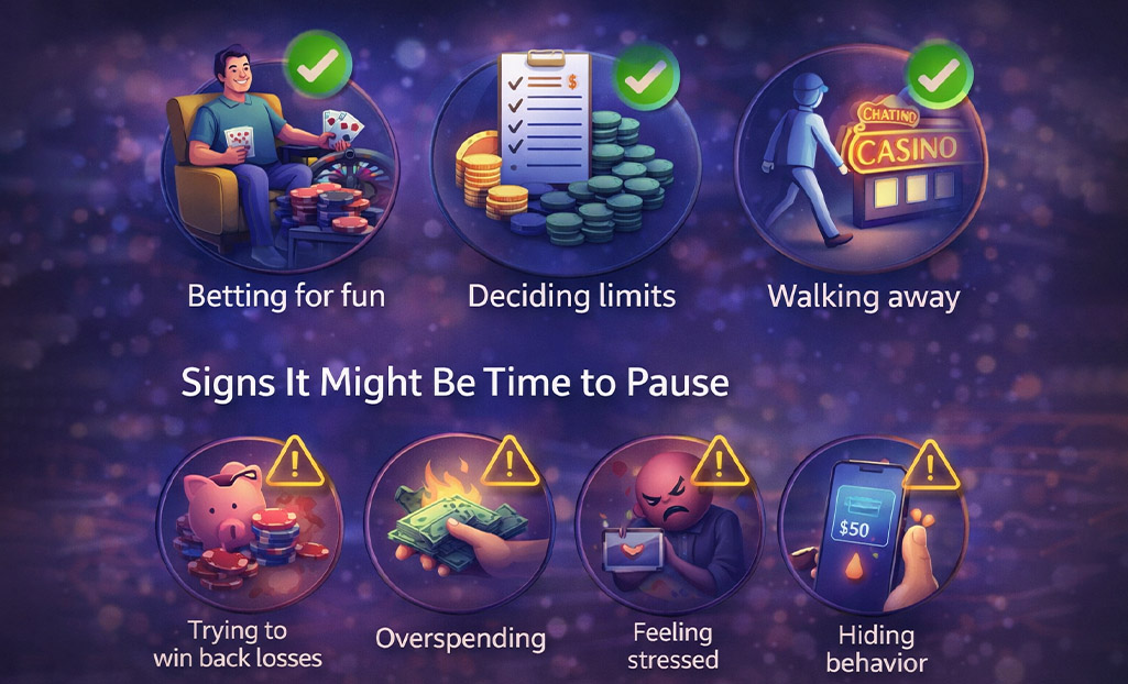 Responsible gambling tips showing signs to stop betting, including overspending, stress, and chasing losses