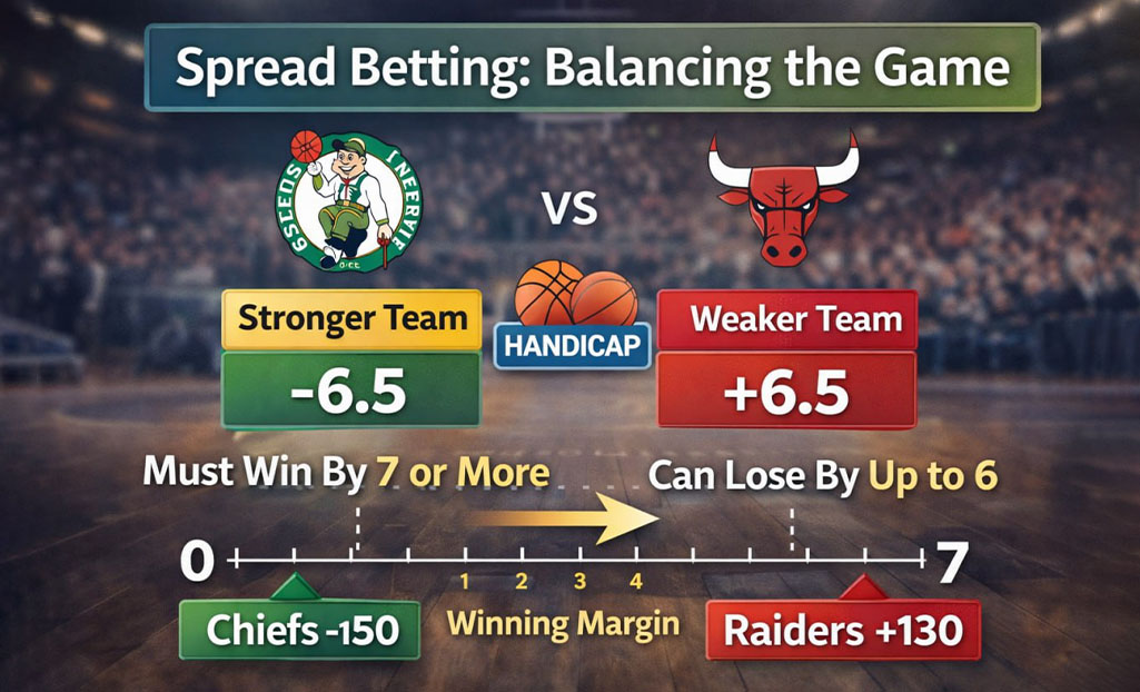 Point spread betting example showing Celtics -6.5 vs Bulls +6.5 handicap