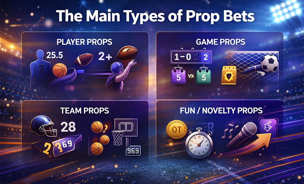 Main types of prop bets: player props, game props, team props and novelty bets in sports betting