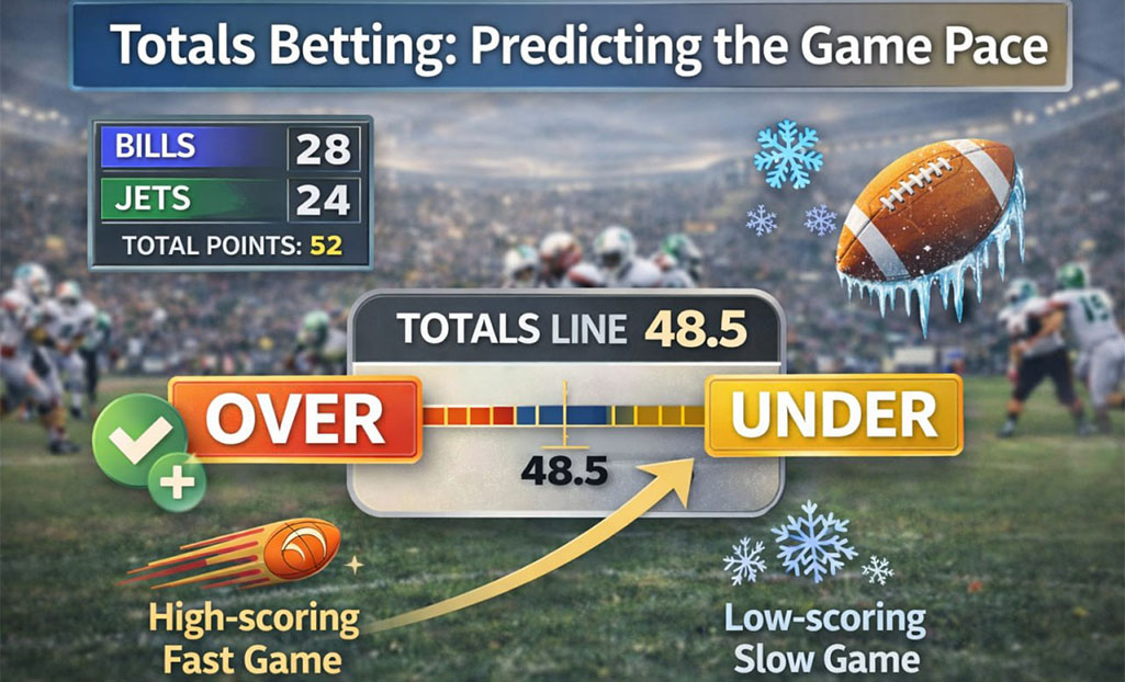 Over under betting example showing totals line 48.5 with Bills vs Jets final score