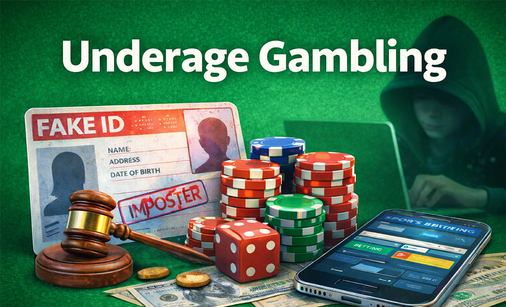 Underage gambling scene showing a minor placing bets and handling casino chips, highlighting illegal betting activity