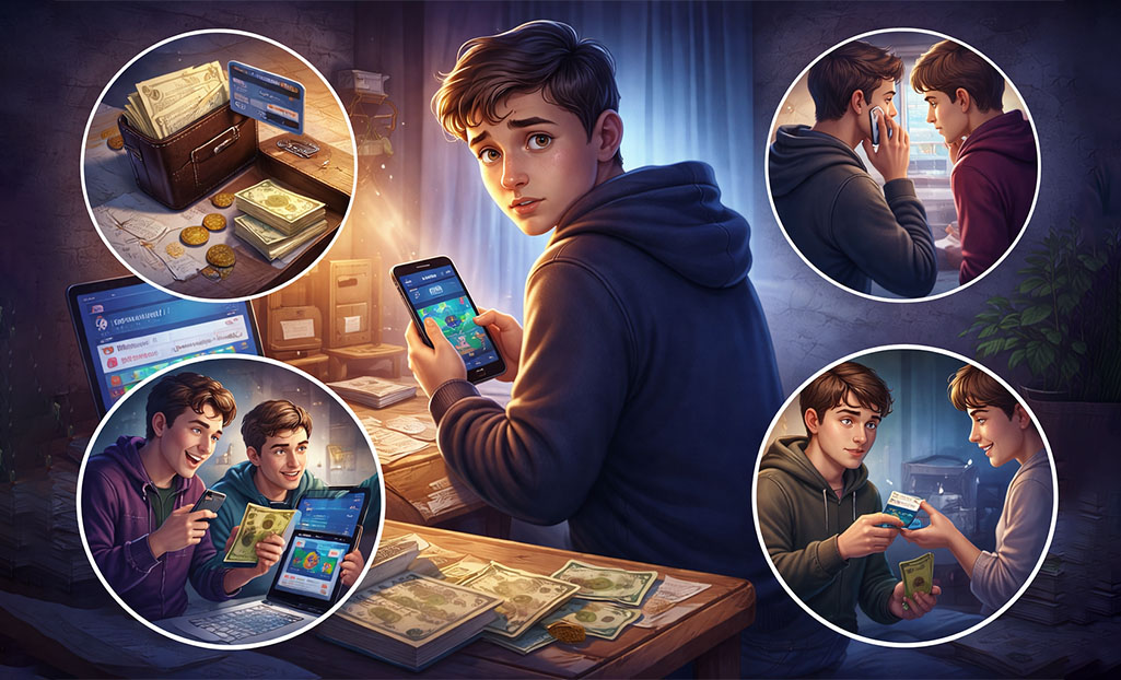 Teen using a sports betting app and handling cash, highlighting illegal underage gambling.