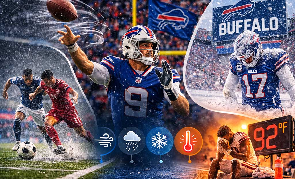 Weather conditions affecting sports games including wind, rain, snow and heat in sports betting analysis