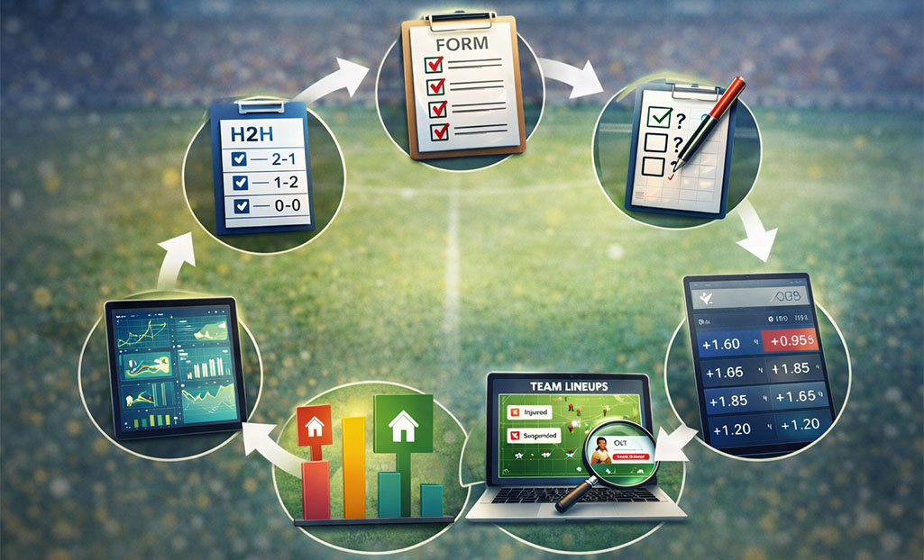 Pre-game research routine steps including form, stats, lineups and odds analysis before a match
