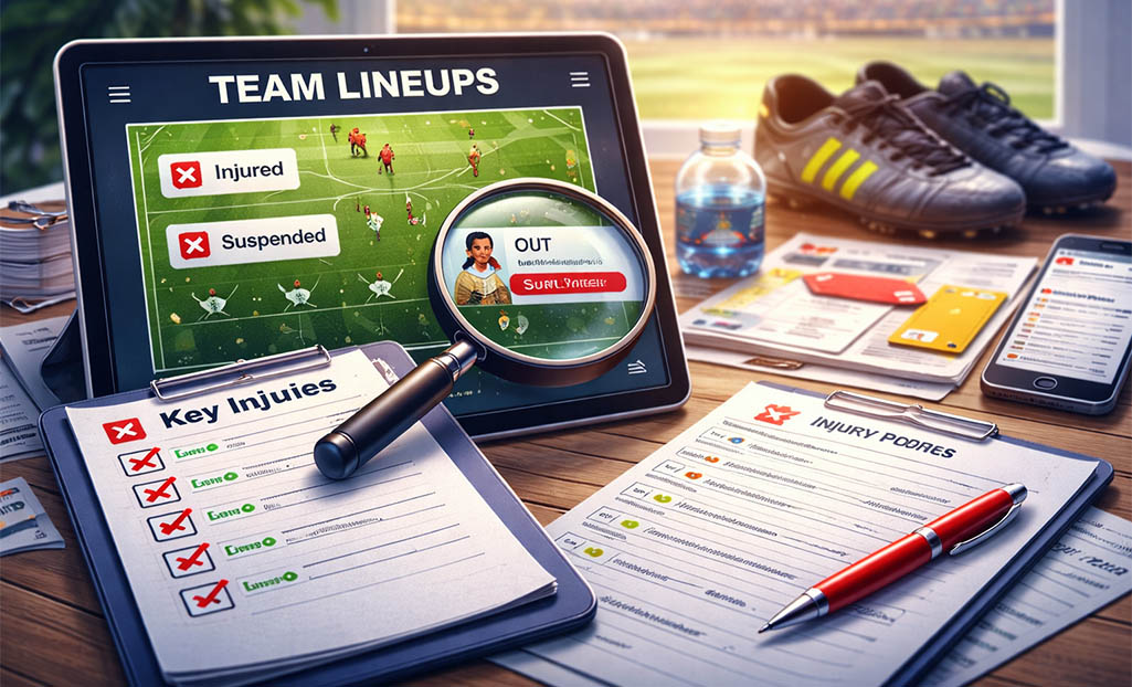 Pre-game research routine analyzing injuries, suspensions and team lineups before a match