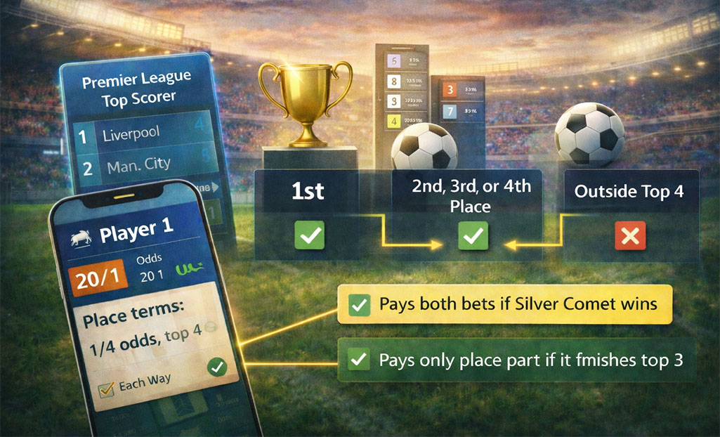 Each-way betting example in football with top scorer market outcomes