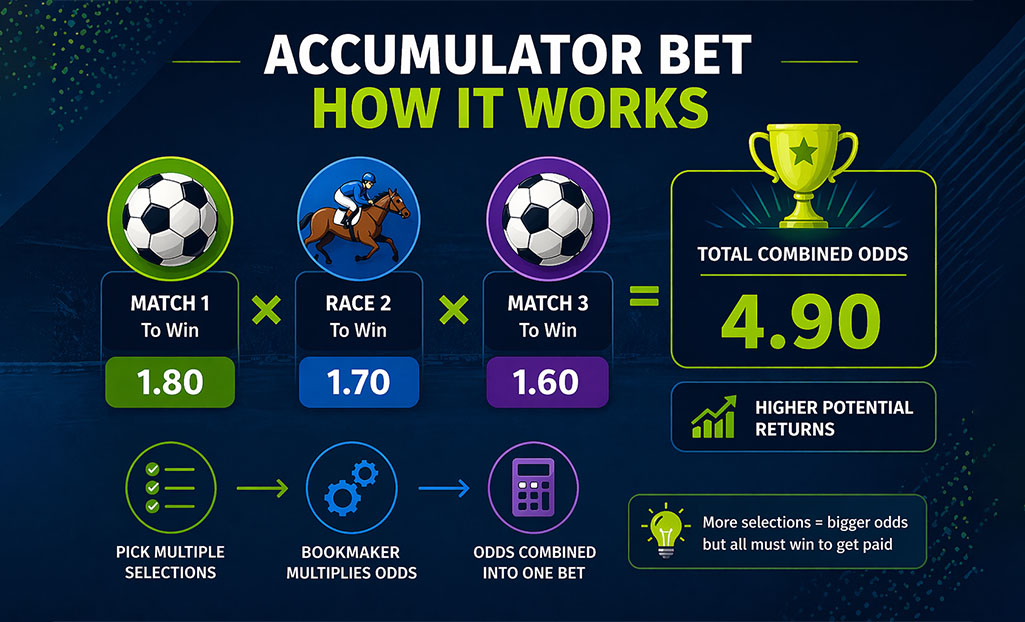 Accumulator bet example showing how multiple selections combine odds in football and horse racing betting
