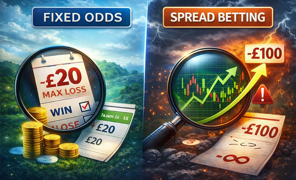 Spread betting vs fixed odds risk comparison UK showing limited vs unlimited losses