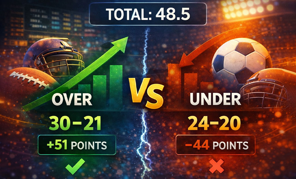 Over under betting example showing total line and over vs under result