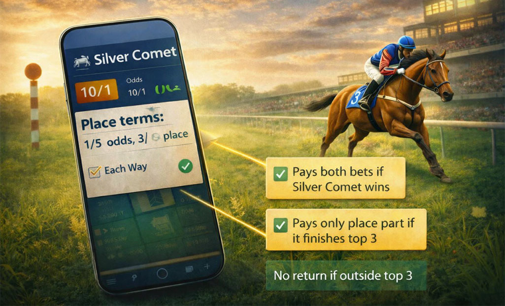 Each-way bet example with odds and place terms