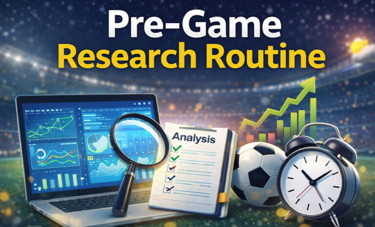 Pre-game research routine analyzing sports matches with stats, lineups and data