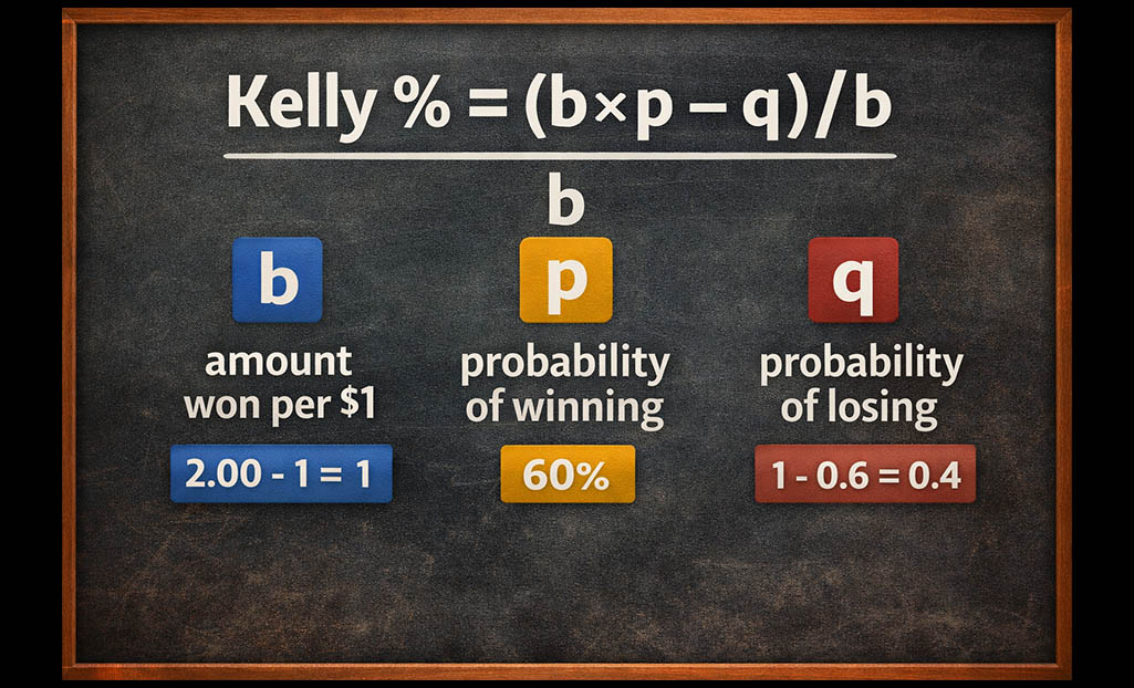 Kelly Criterion formula explained with variables b p q betting example