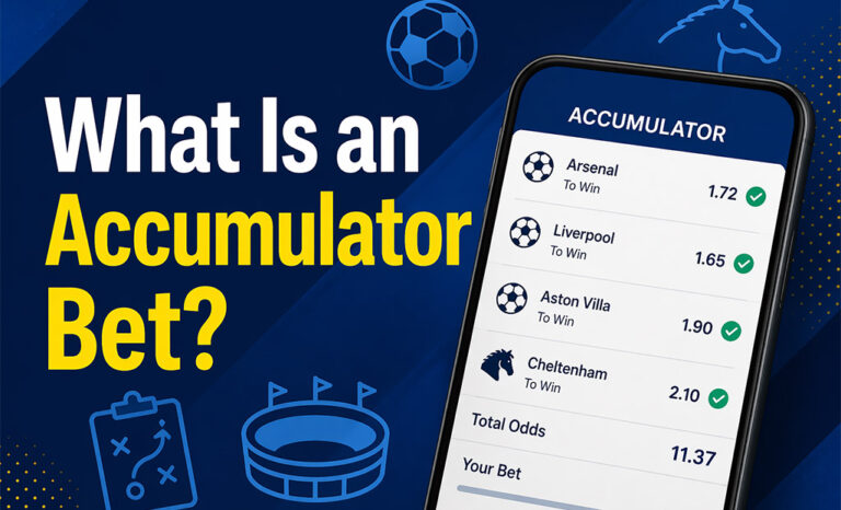 Accumulator bet example showing combined odds from multiple selections in football and horse racing